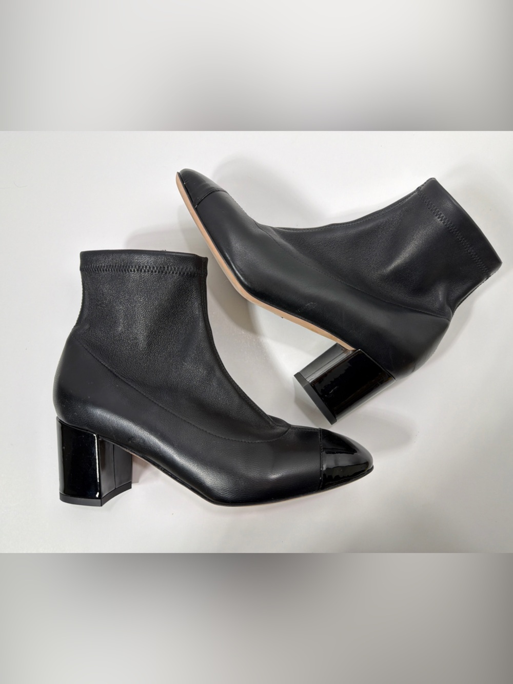 L.K. BENNETT Women’s BLACK LEATHER SHORT BOOTS Patent Leather Heels Cap Toe 36